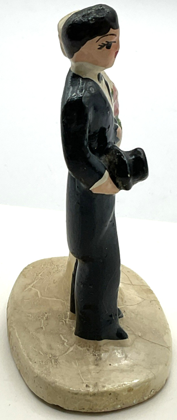 Vintage Chalkware Wedding Cake Topper Man Woman Marriage Formal Hand Painted