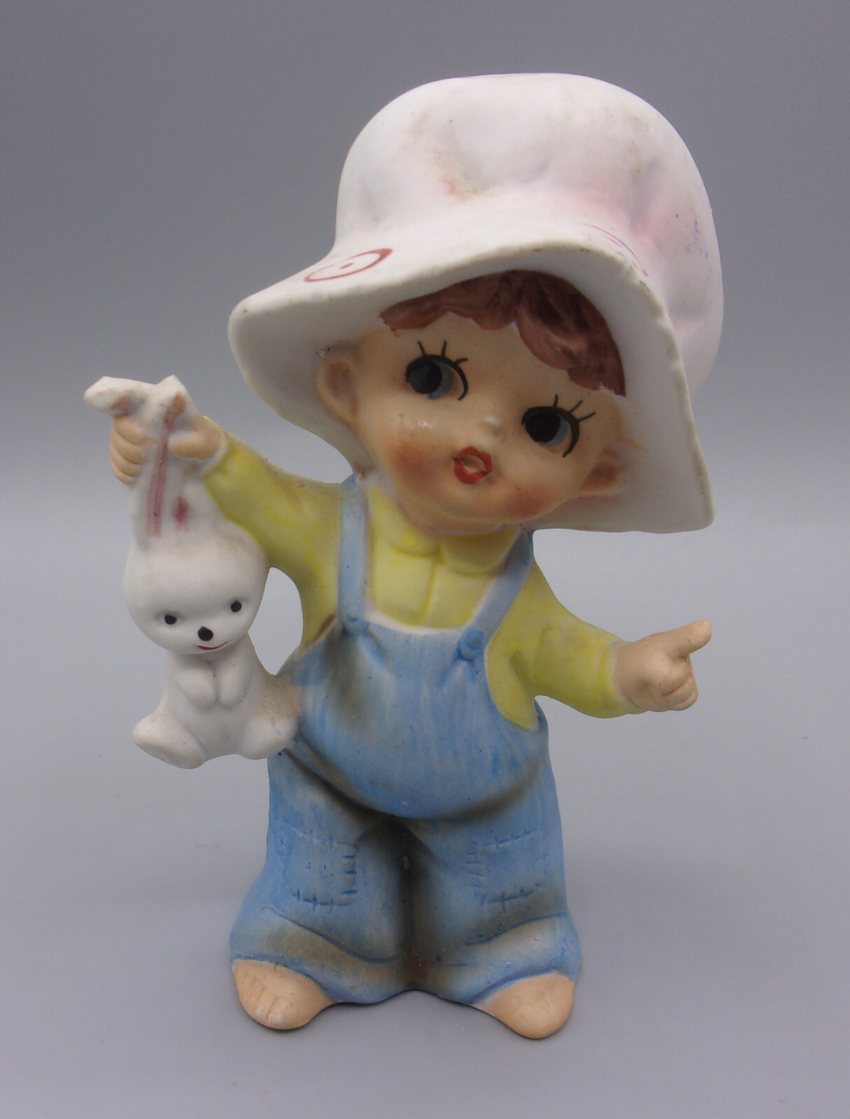 Vintage Norleans Porcelain Boy Girl Figurines W/ Hats & Overalls Bunnies Japan
