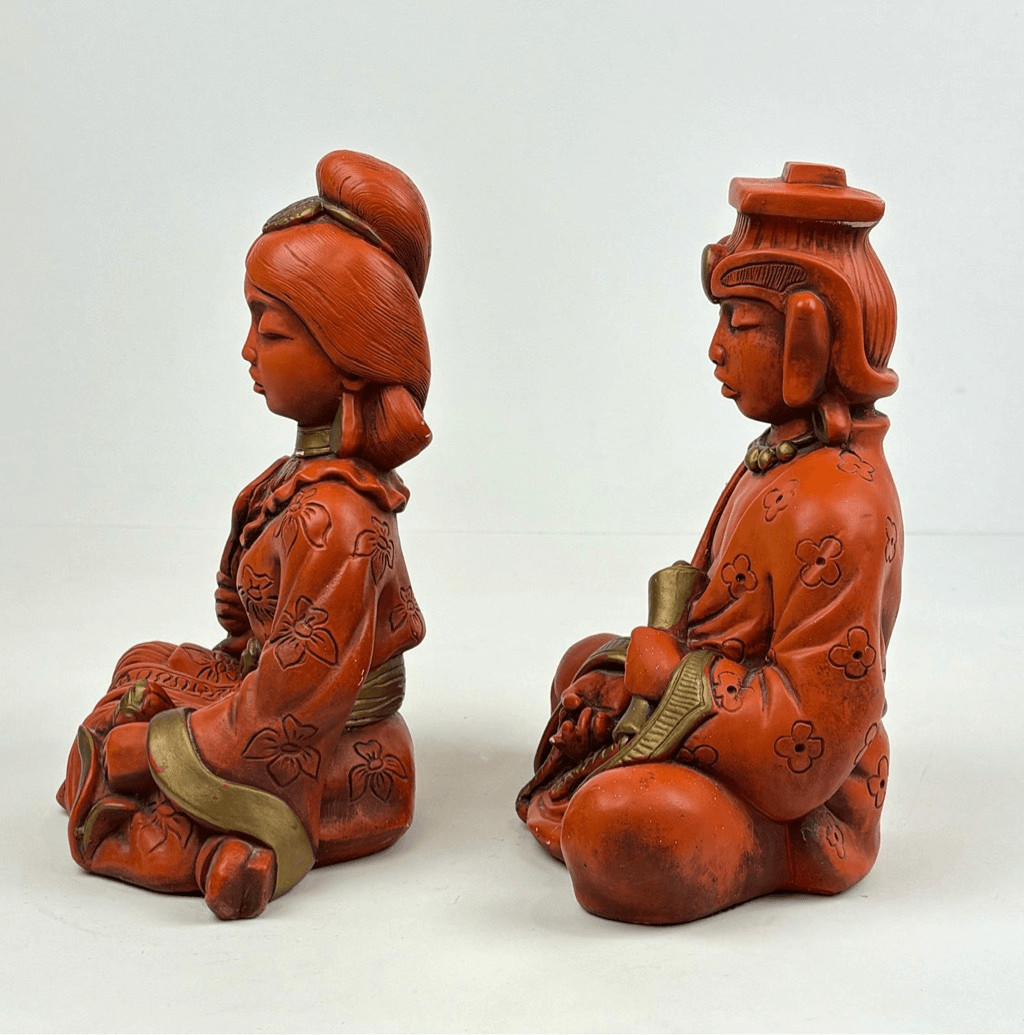 Vintage 1958 Universal Statuary Siam Woman & Man Sitting Statues Orange Gold 10”