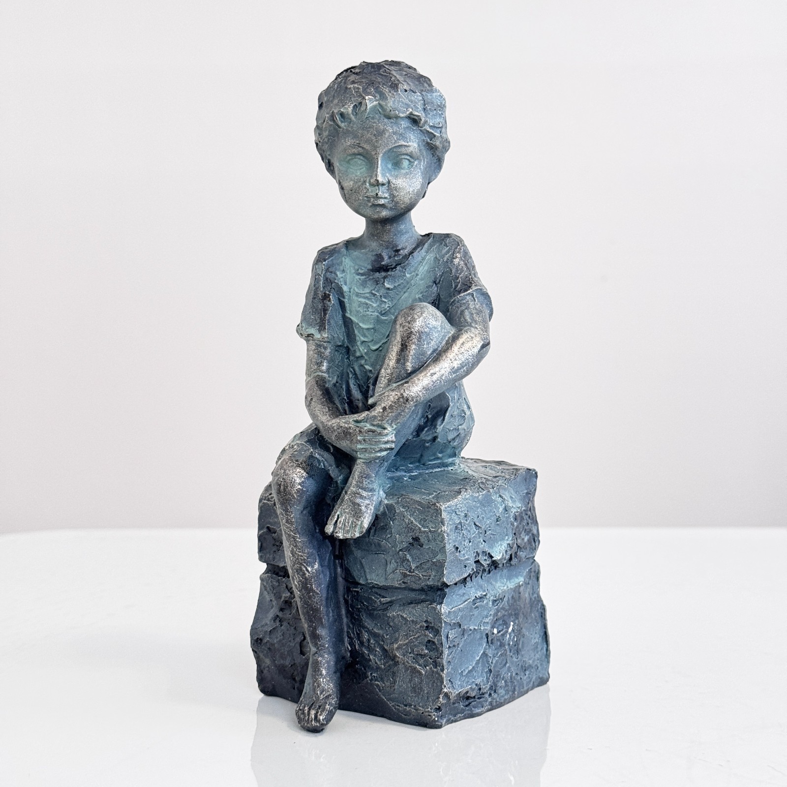 Ceramic Boy Figurine Sculpture Blue Patina Child Statue Decor 7” Thoughtful You