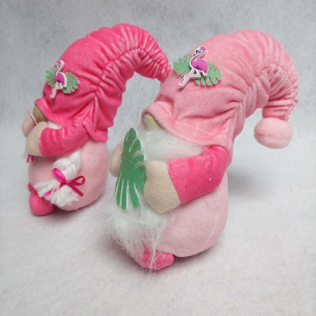 Gnome Plush Decor Set Flamingo Couple Birthday & Checkered Hat EUC 4pc