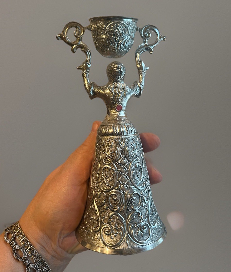 VTG Silverplate Bridal Lady Wedding Cup Goblet Swinging Chalice Pink Stone 7” H