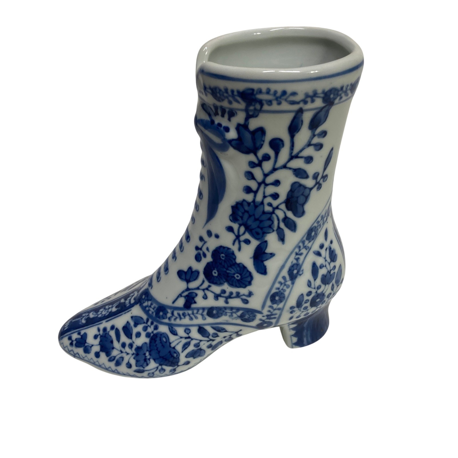 Vintage Blue and White Porcelain Victorian Boot Figurine Floral Bud Vase 5.5″