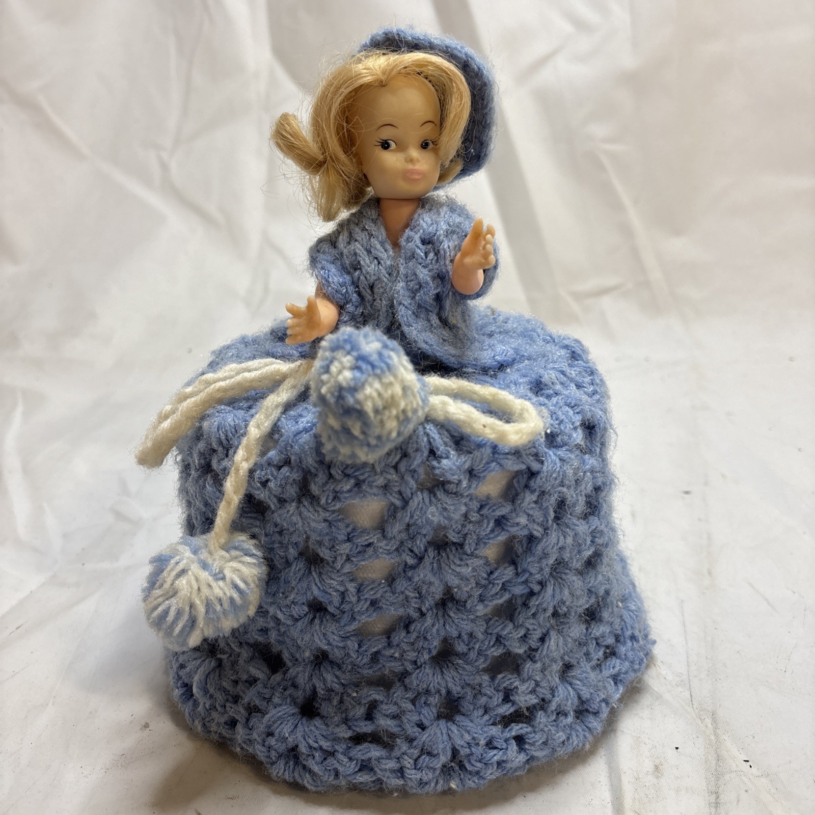 70’s Crocheted Toilet Paper Girl Doll 8 Inch With Hat Blue Knit Craft Retro Cute