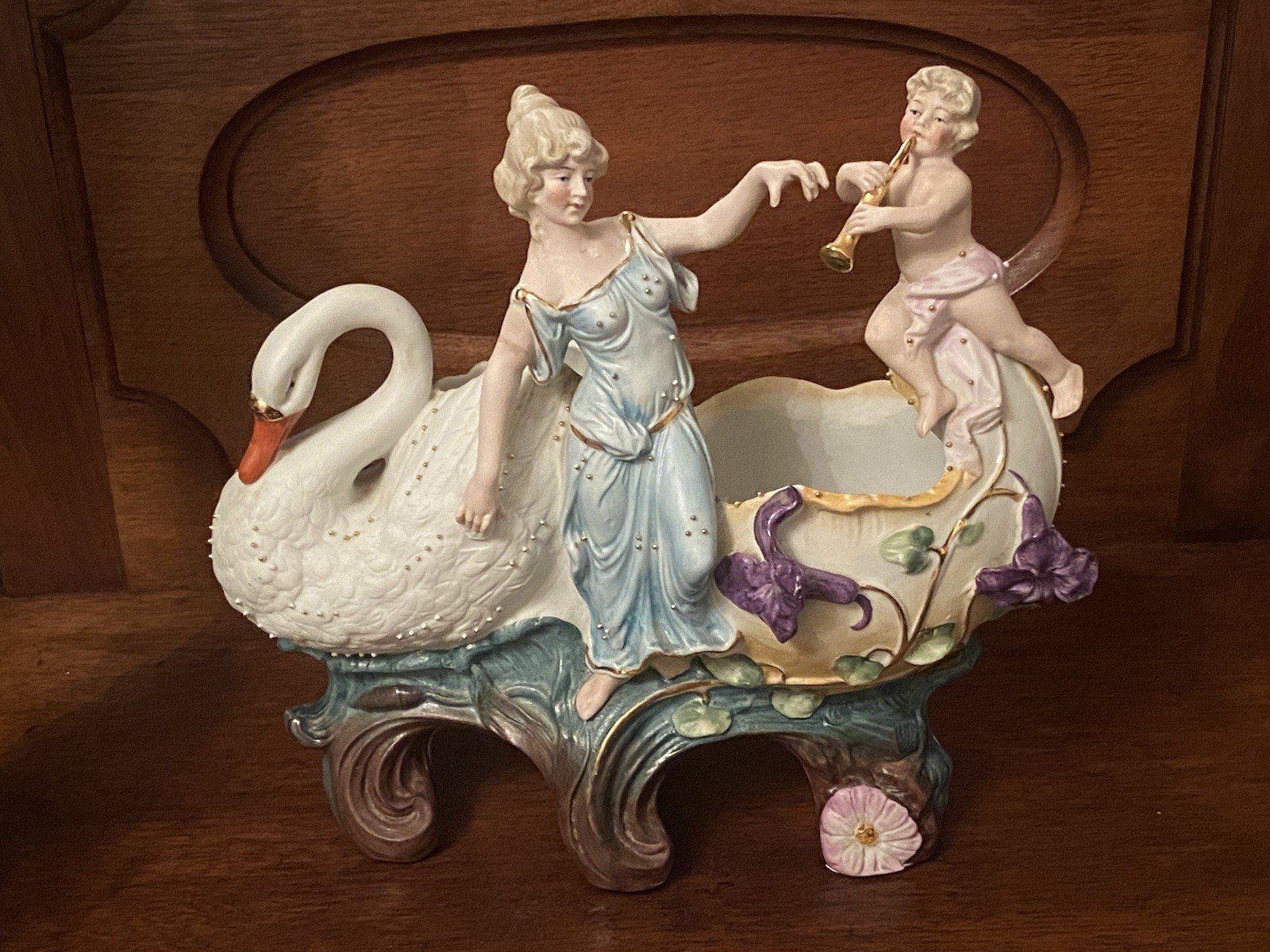 2 German Vintage Bisque Cherub Swan Lady Porcelain Planters 2373 Antique