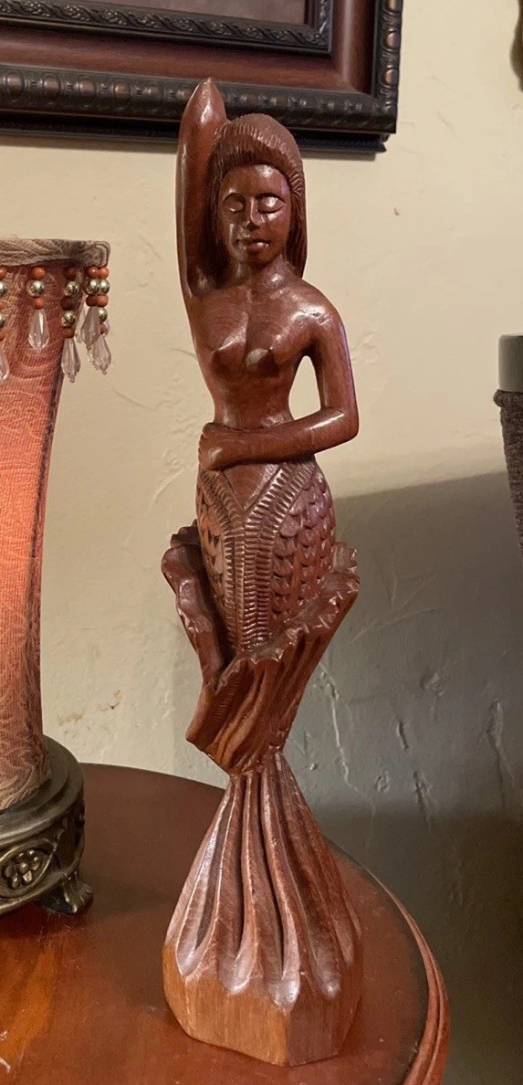 Hand Carved Mermaid Wood Sculpture, Art- Possibly Bali Or Hawaii 1950s-1970s.