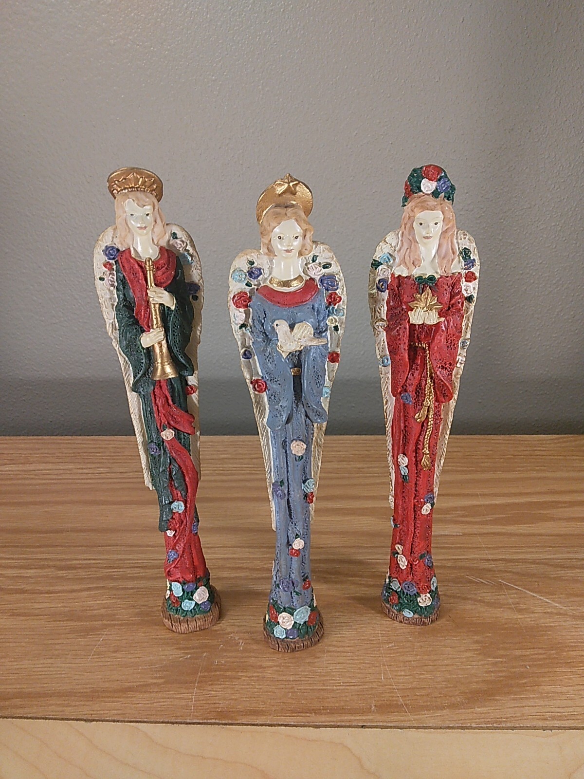 Vintage Tall Thin 9-1/2″ Resin Angels Hand Painted Holding Items Lot Of 3