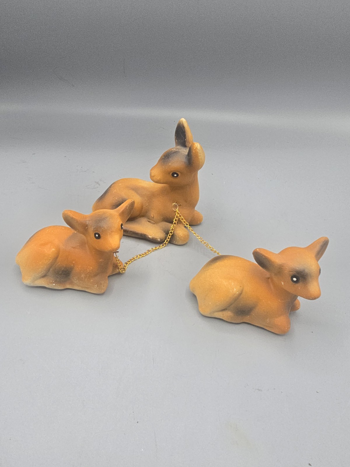 Vintage 1950s Porcelain Chained Dog, Cat, and Deer Family Figurine Sets