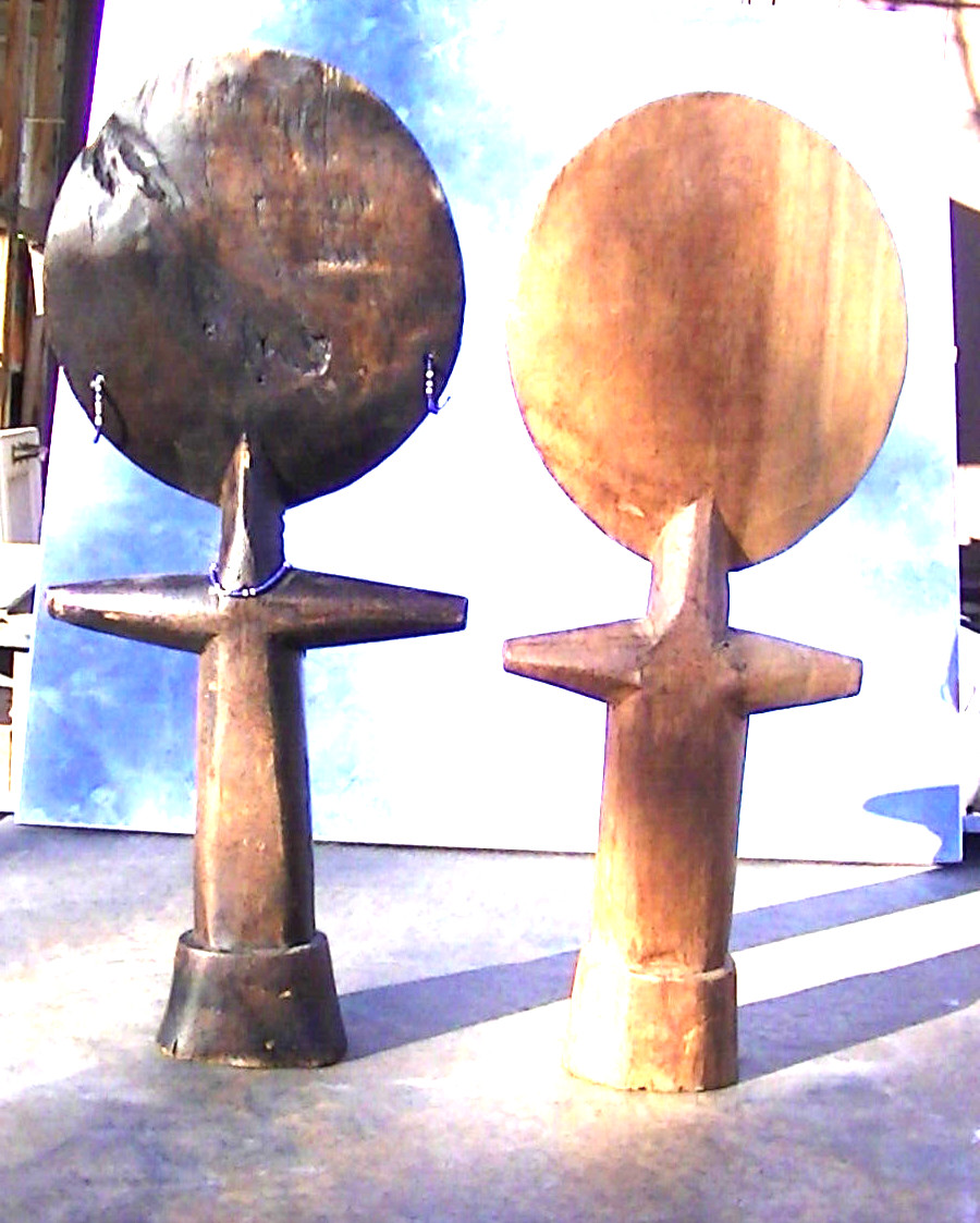 Rare 2 Unusual Primative Carvings bare breasted female figures origin Unknown