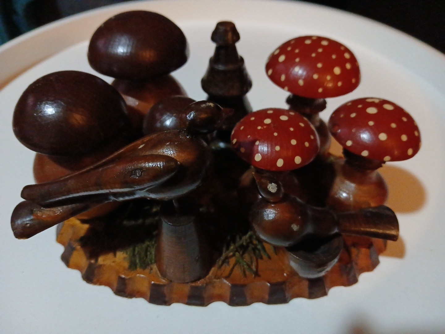 RARE Vintage Hand-Carved Wood Sculpture Bird & Mushroom Forest Scene Folk Art