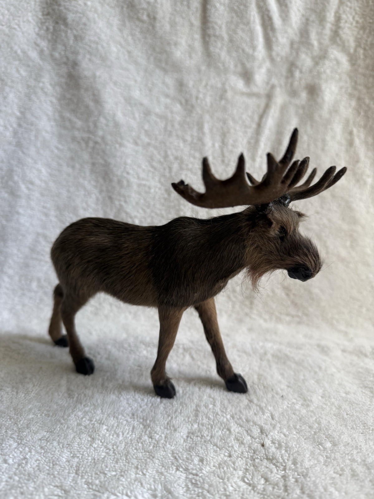 Vintage Real Fur Moose Figurine~Felt Antlers~Realistic~Free Standing 8 inch