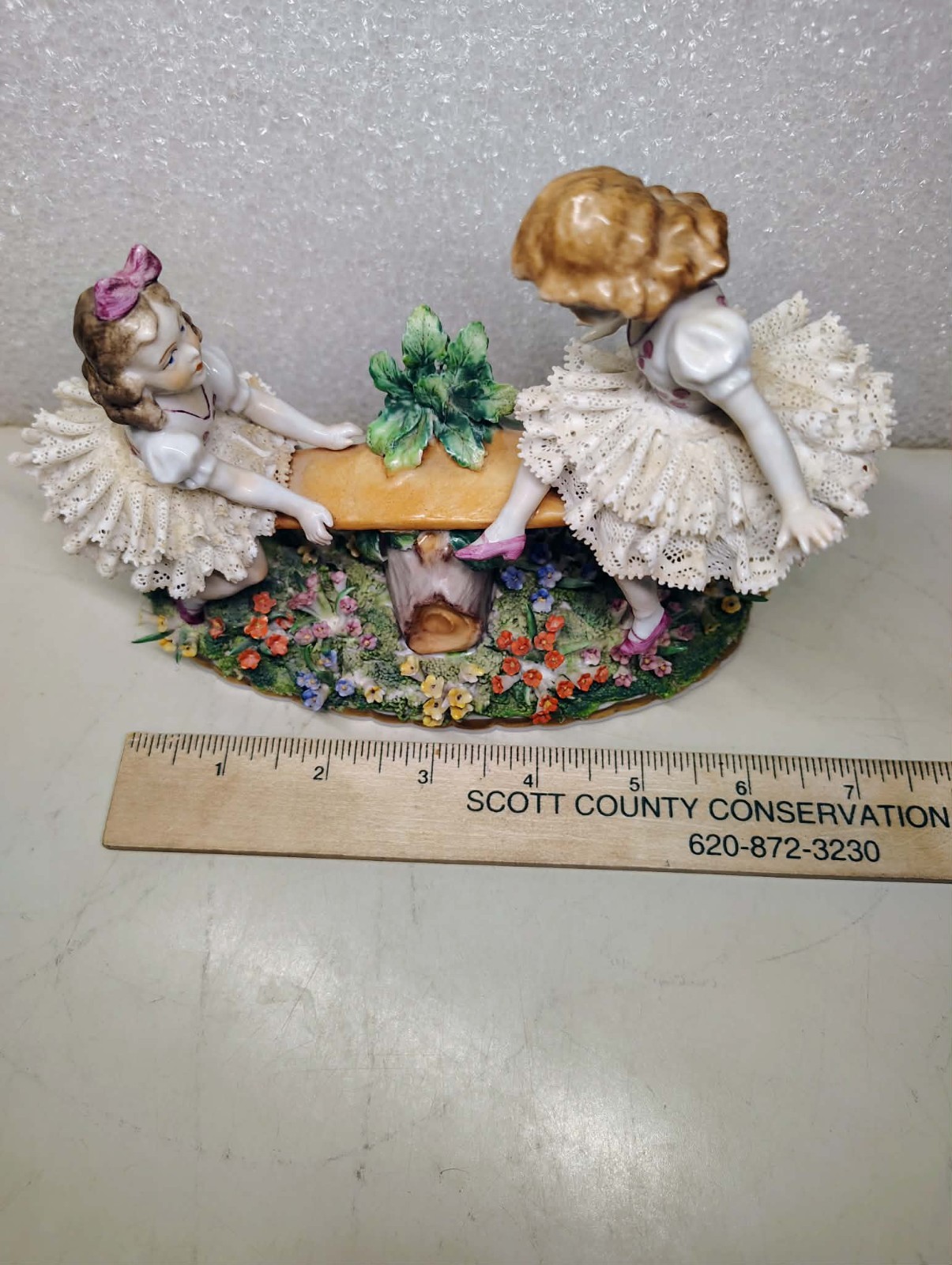 Antique 1850’s German Dresden Lace Sitzendorf Porcelain Girls on Seesaw Figurine