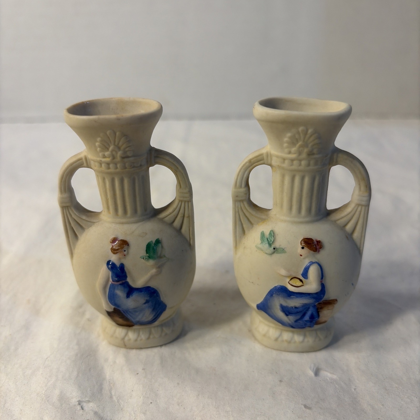 Vintage Japan Set Of Miniature Vases Women With Birds Porcelain