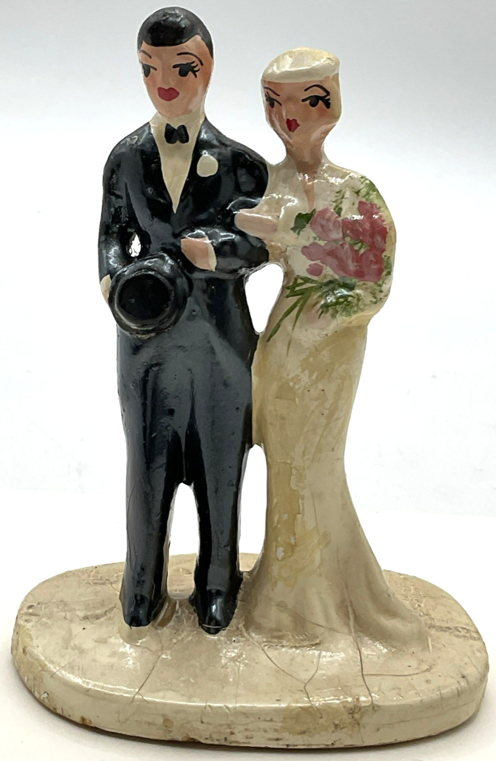 Vintage Chalkware Wedding Cake Topper Man Woman Marriage Formal Hand Painted