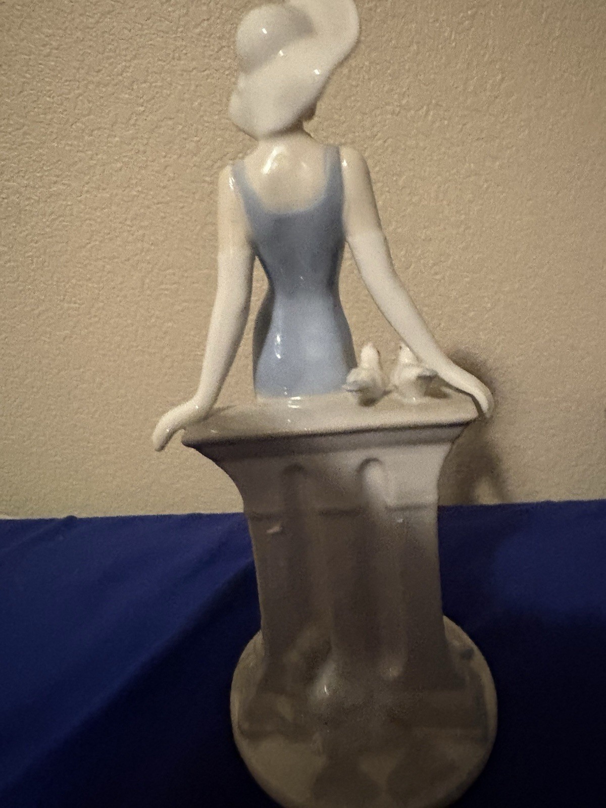 Porcelain Figurine Woman with Birds Blue Hand Painted Glossy