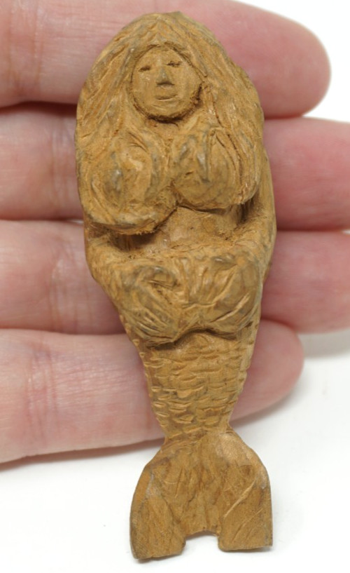 Vintage Hand Carved MERMAID Wood Sculpture Folk Art Figure 3” Totem