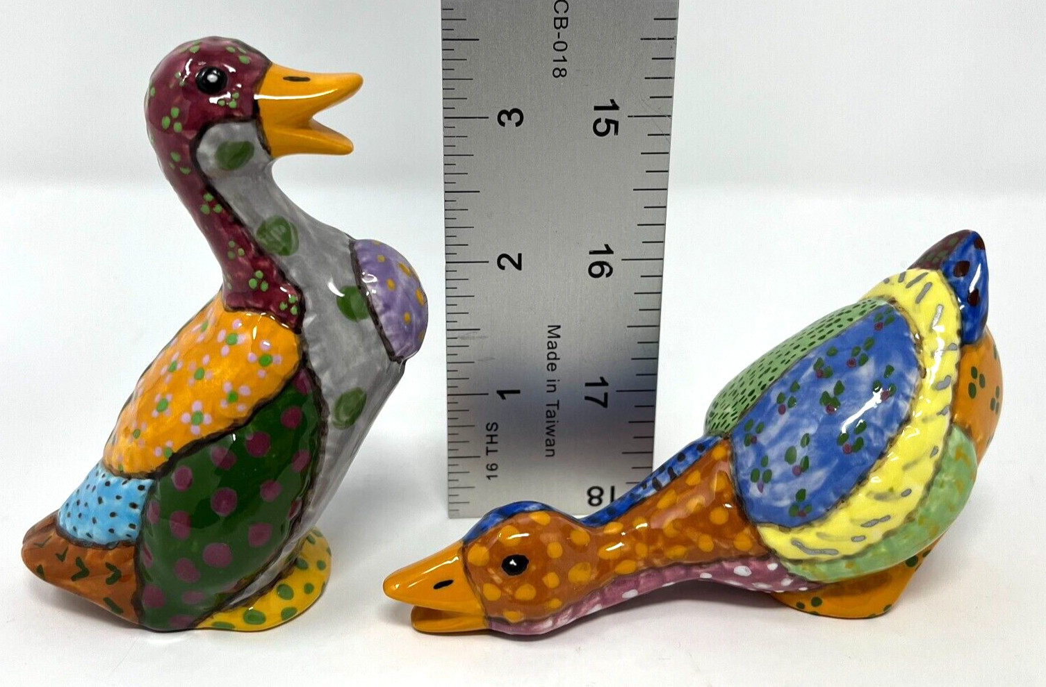 2 Vintage Ceramic Colorful Quilted Pattern Country Ducks Figurines, Signed