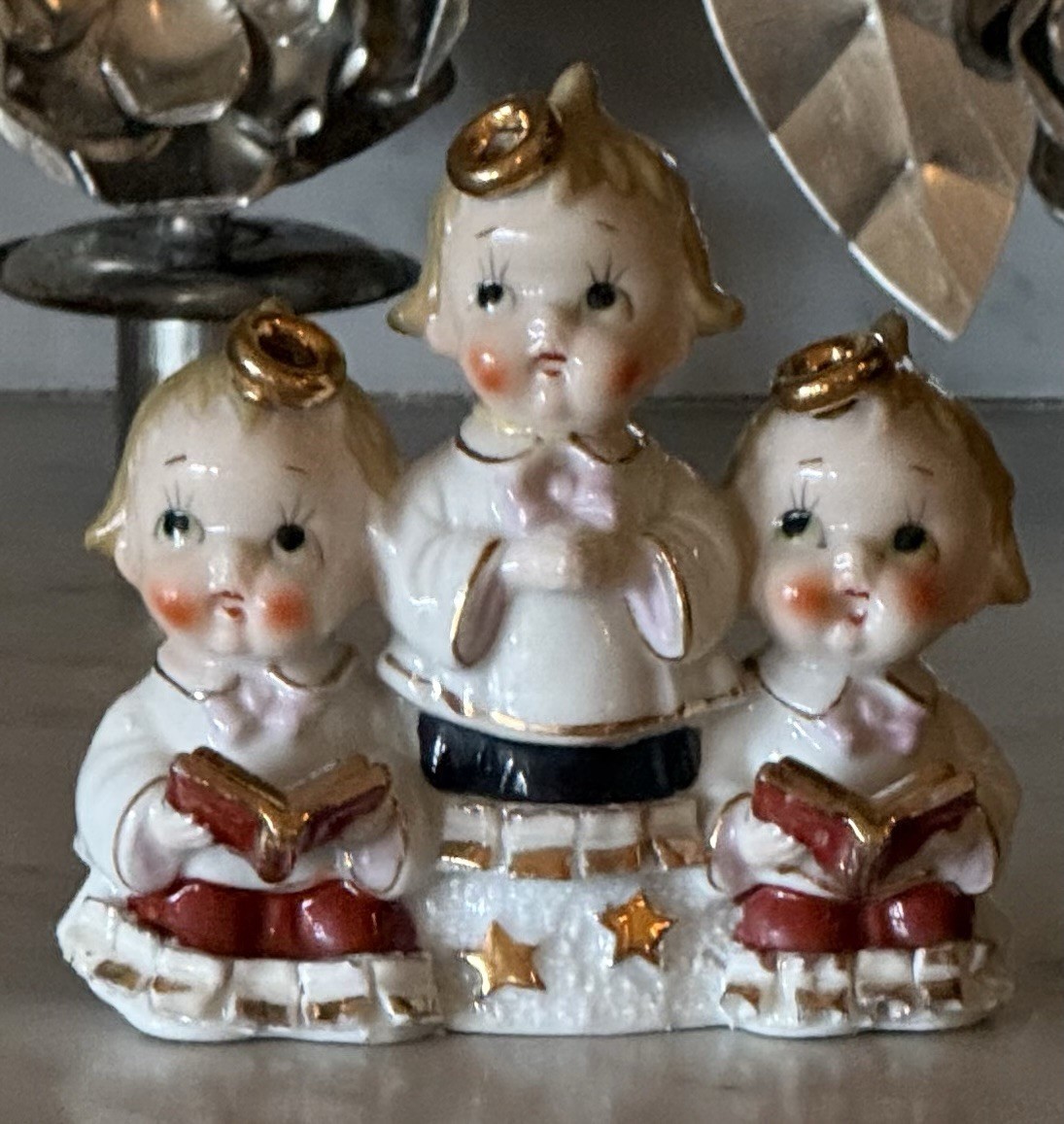 Vintage Hand-Painted Ajax Gold Star Sugar Base Angel Choir Figurines