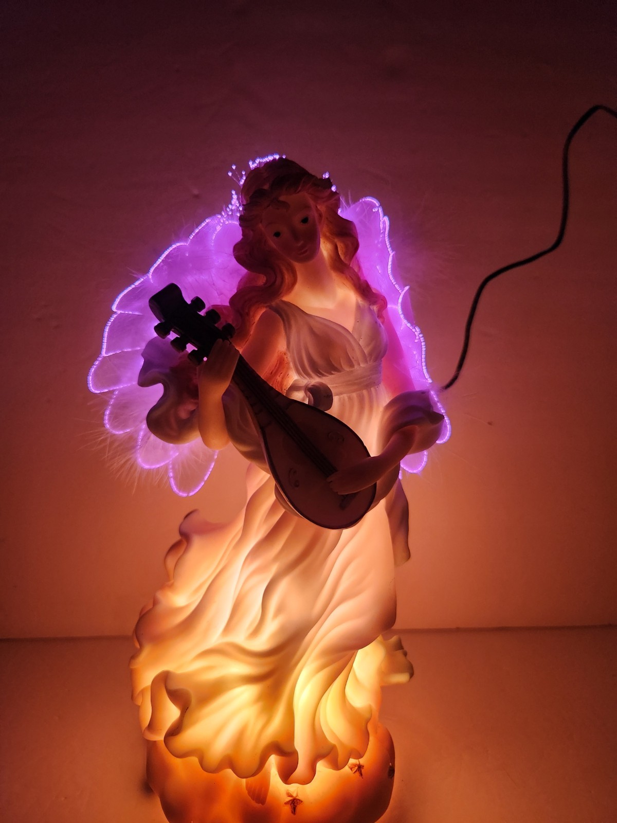 Vintage Fiber Optic Angel Playing Mandolin Lighted Works Resin Spiritual