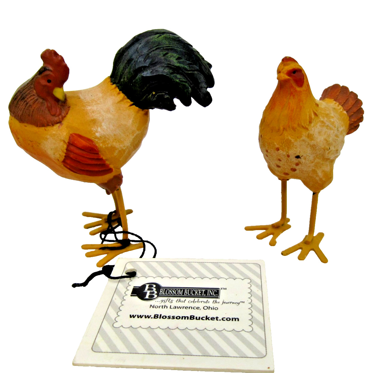 2 vtg Blossom Bucket artist signed Betty Rooster & Hen Chicken figurines pair 2″