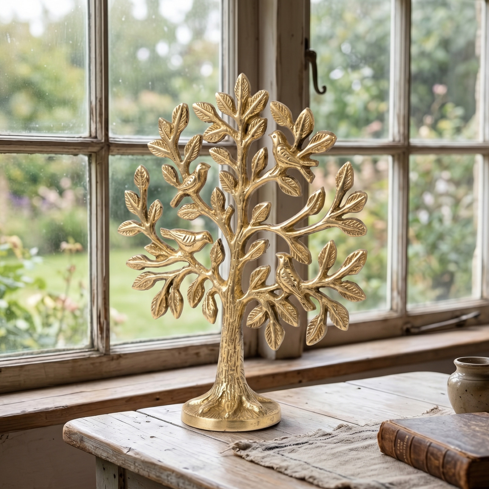 Decorative Golden Tree Sculpture with Birds Modern Spiritual Home Accent