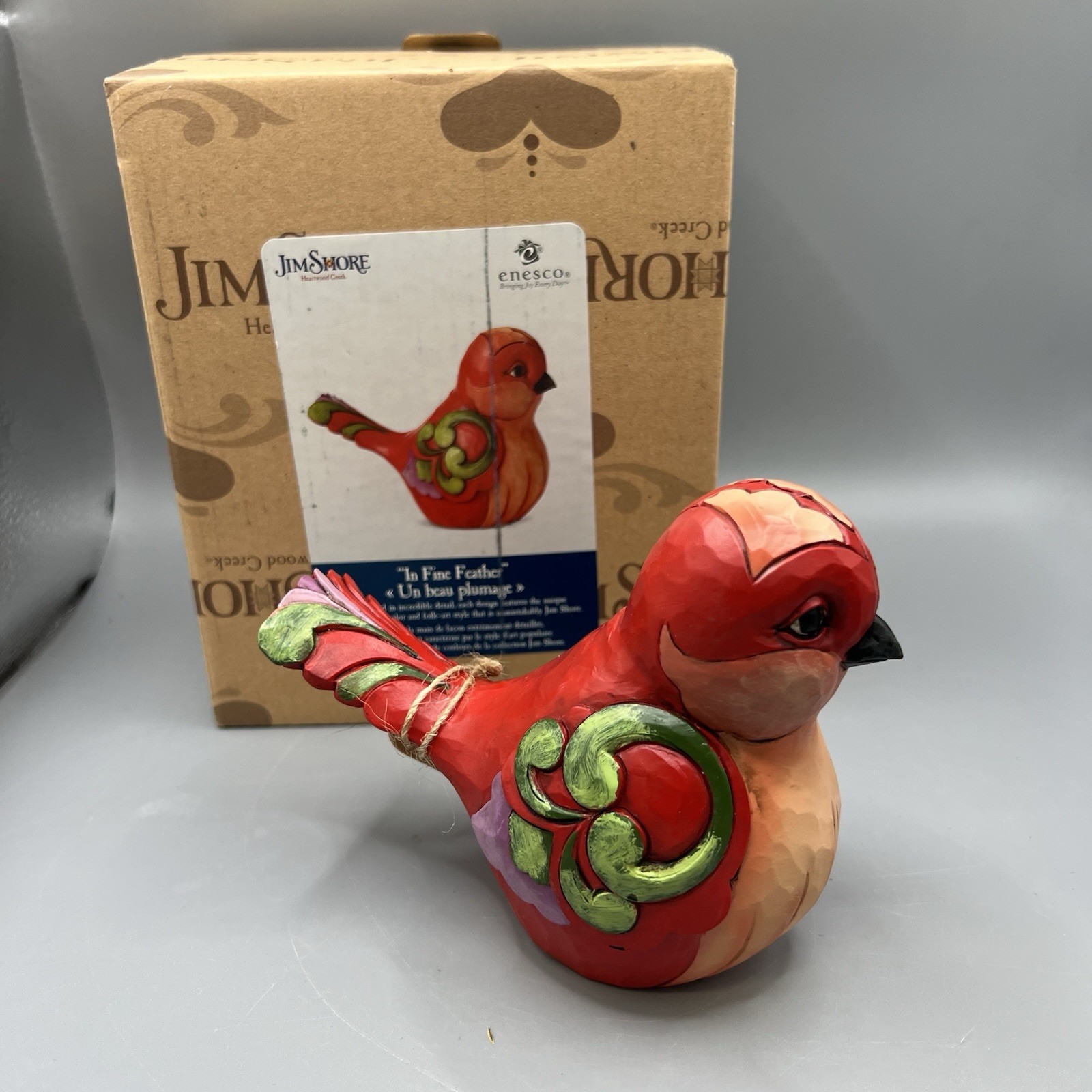 Jim Shore Heartwood Creek Red Floral Bird w Folk Art Swirls “In Fine Feather”