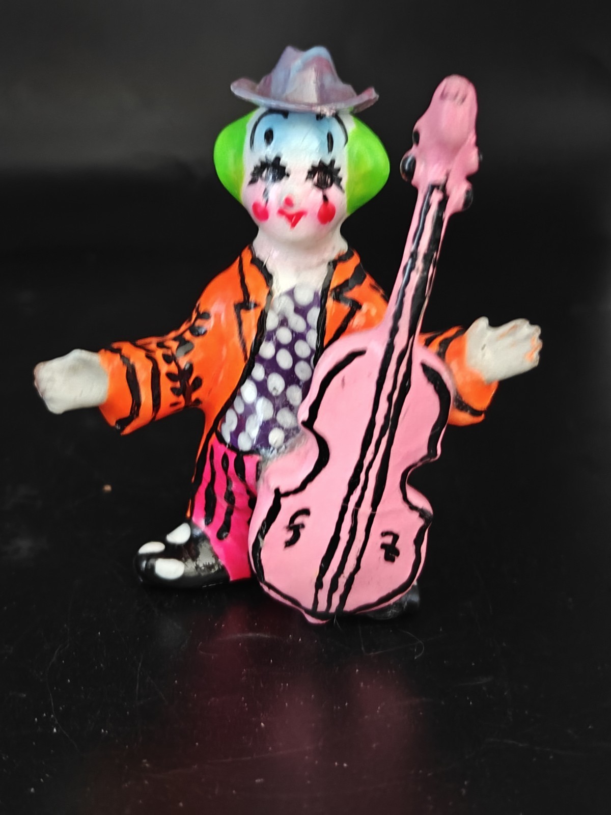 Vintage Paper Mache Clown Mexican Folk Art Playing Cello Neon Colors