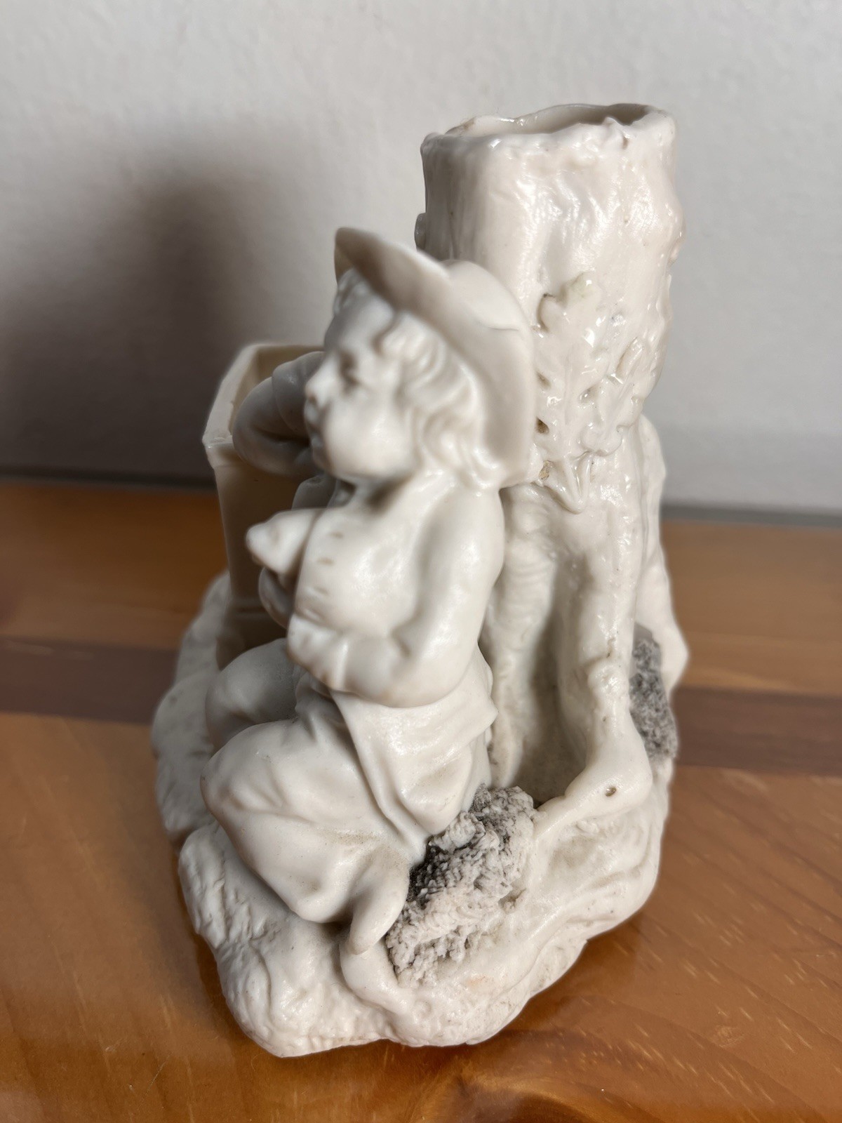 Vintage Heubach style Porcelain Boy w Puppy Vase & Candle Holder Figurine 4”
