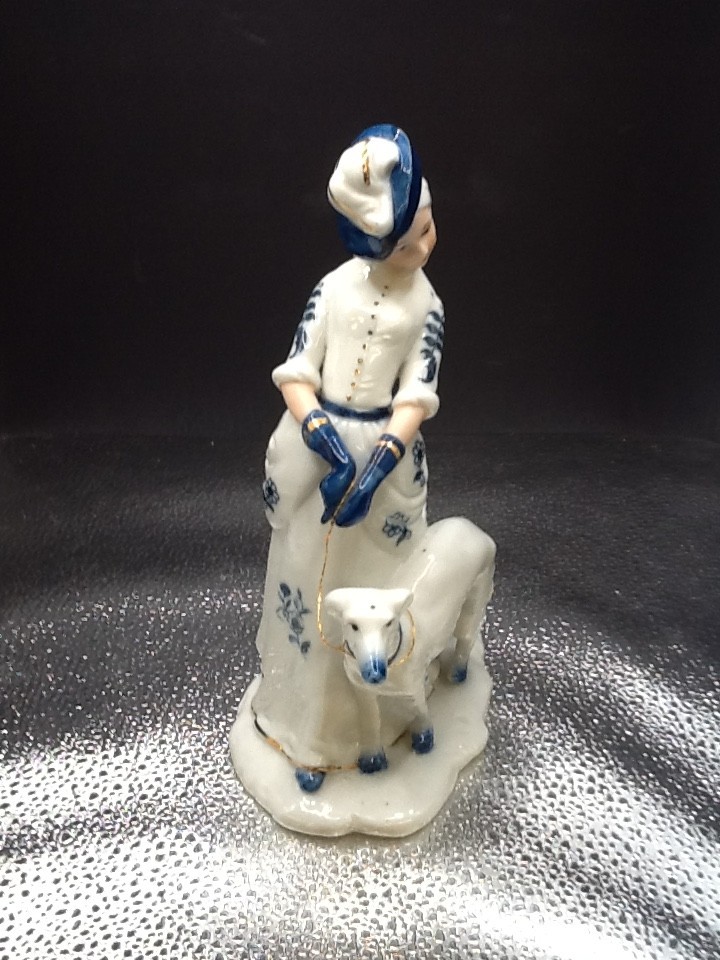 Vintage Fine Porcelain Elegant Lady With Borzoi Figurine Blue flowers Gold Trim