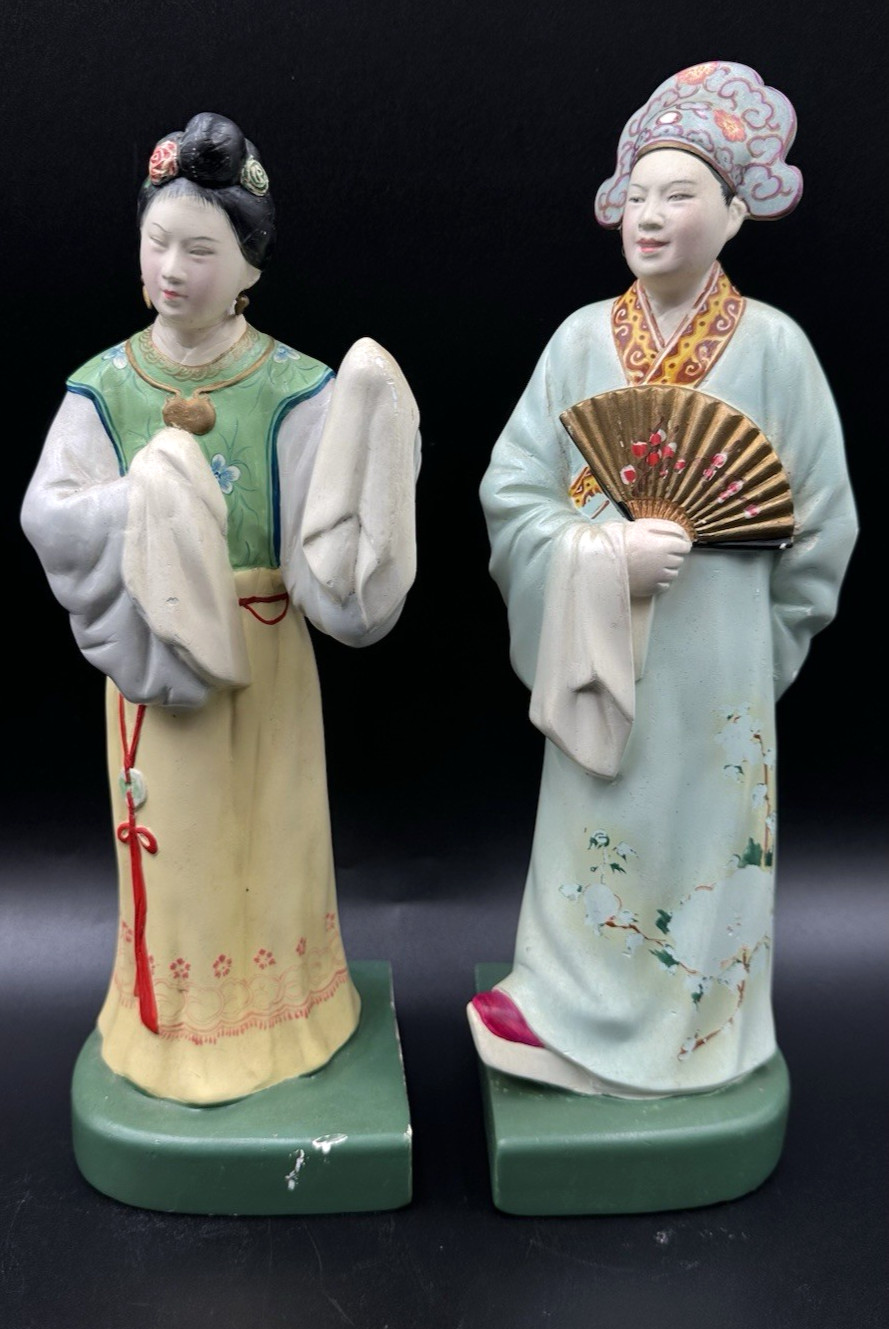 Vintage Hand Painted Plaster Asian Man & Woman Couple Figurine Sculptures 11.5″