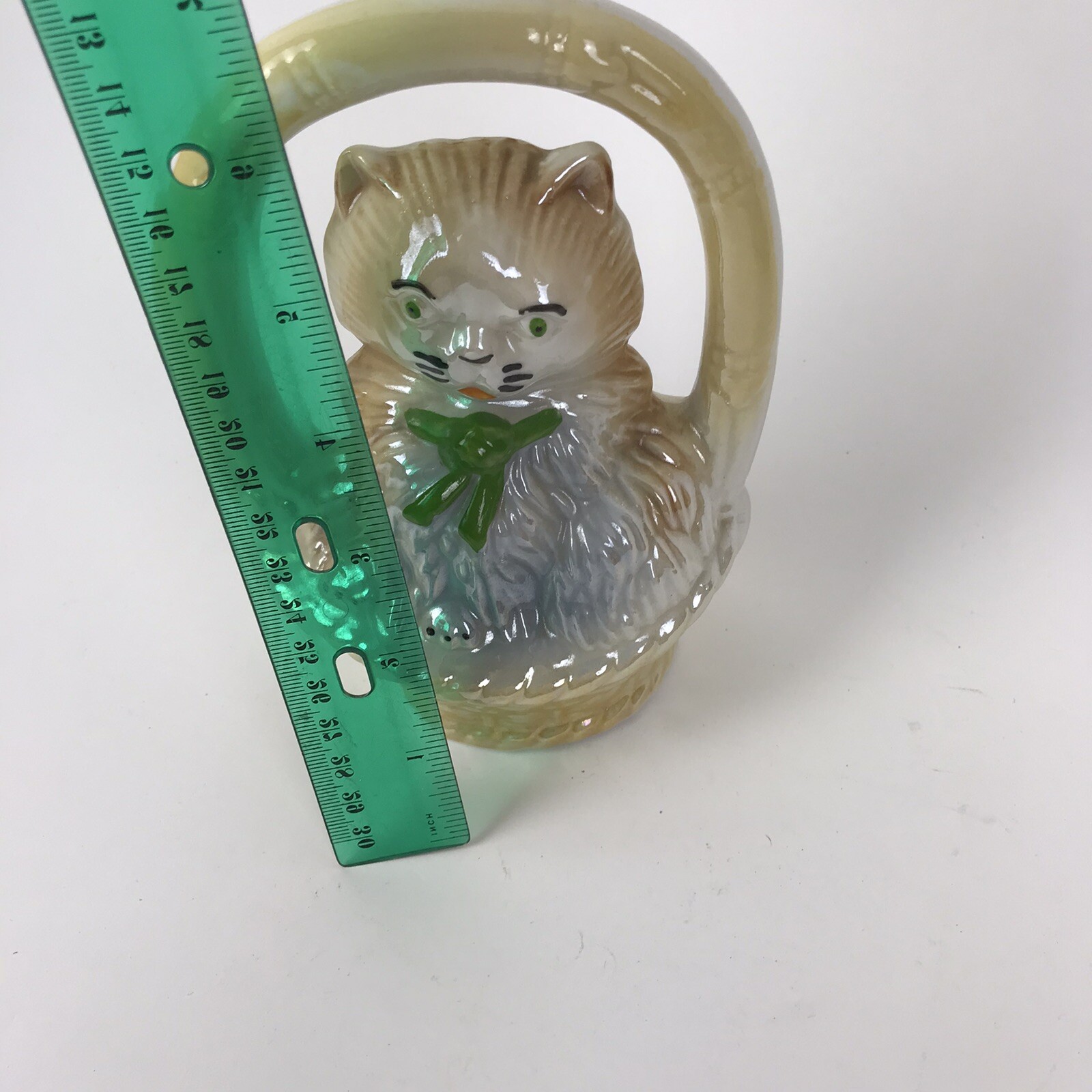 Vintage Kitty Cat in Basket FIGURINE Iridescent Lusterware Glaze Ceramic Brazil