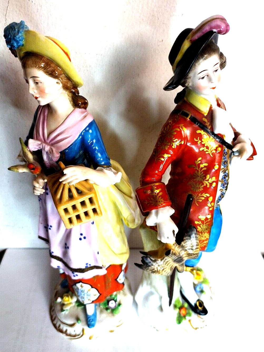 Early 29thc Chelsea Samson Couple Birdcage Bird Hunter German Porcelain Figures