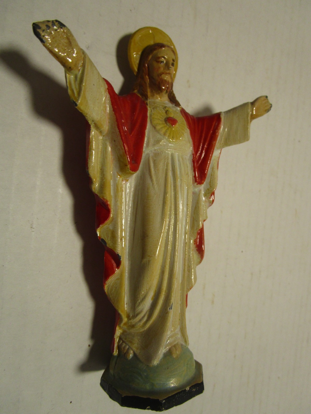 Antique Cast Spelter Metal JESUS Sacred Heart Figurine open arms 5.5” t 1900s