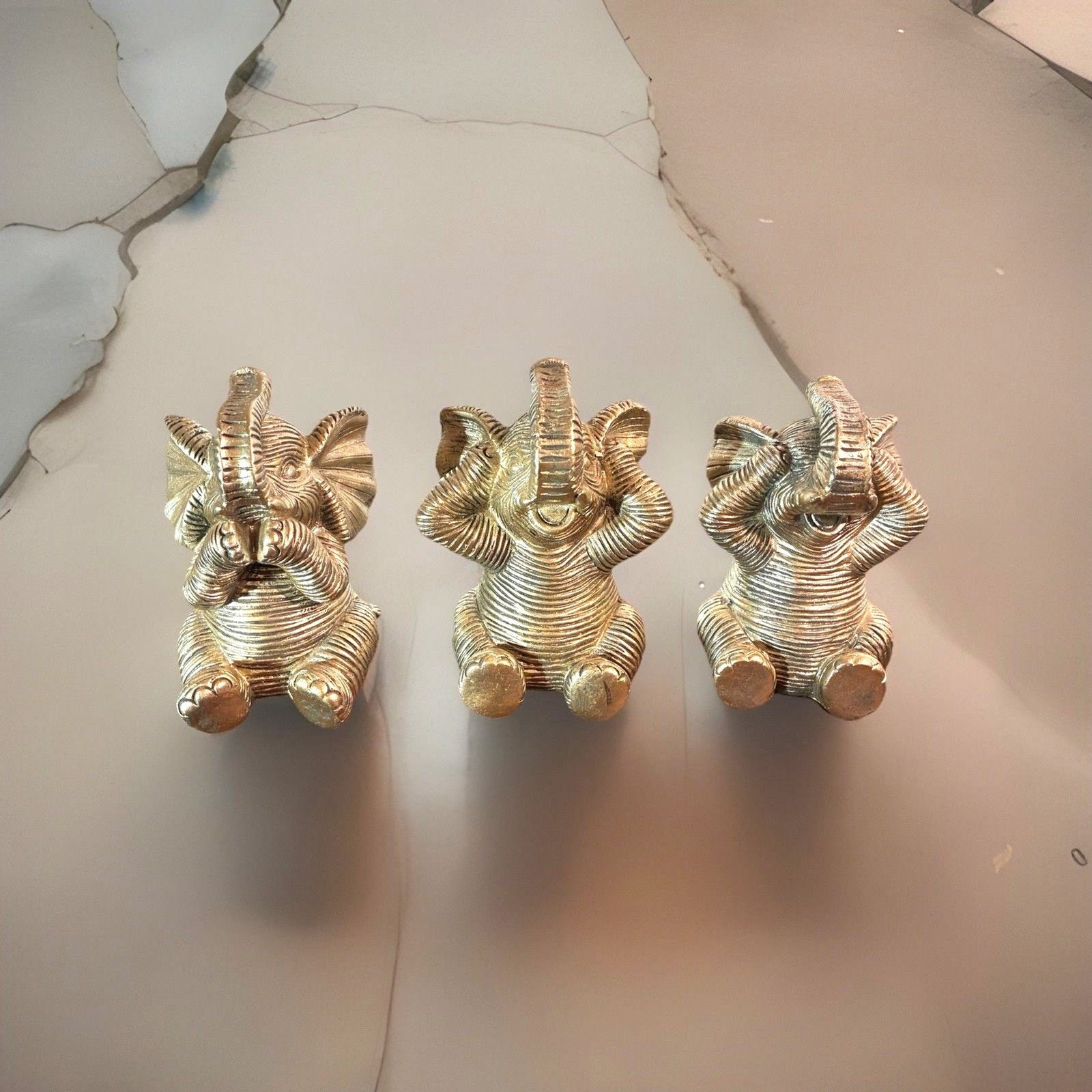 Set Of 3 Gold Elephants. See No Evil, Hear No Evil, Speak No Evil. 5” X 3” Each