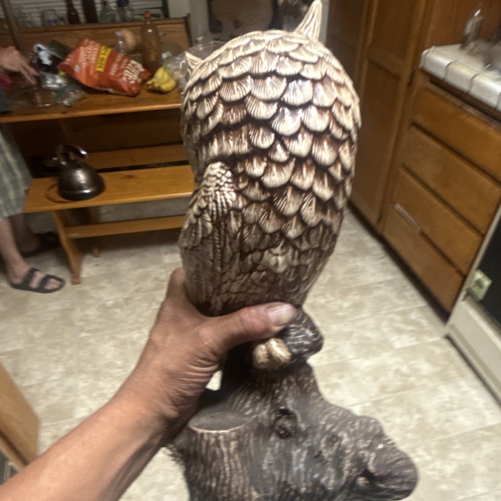 Jolene Oman Signed Hand Painted Ceramic Owl Figurine, 1970s, Brown/Beige