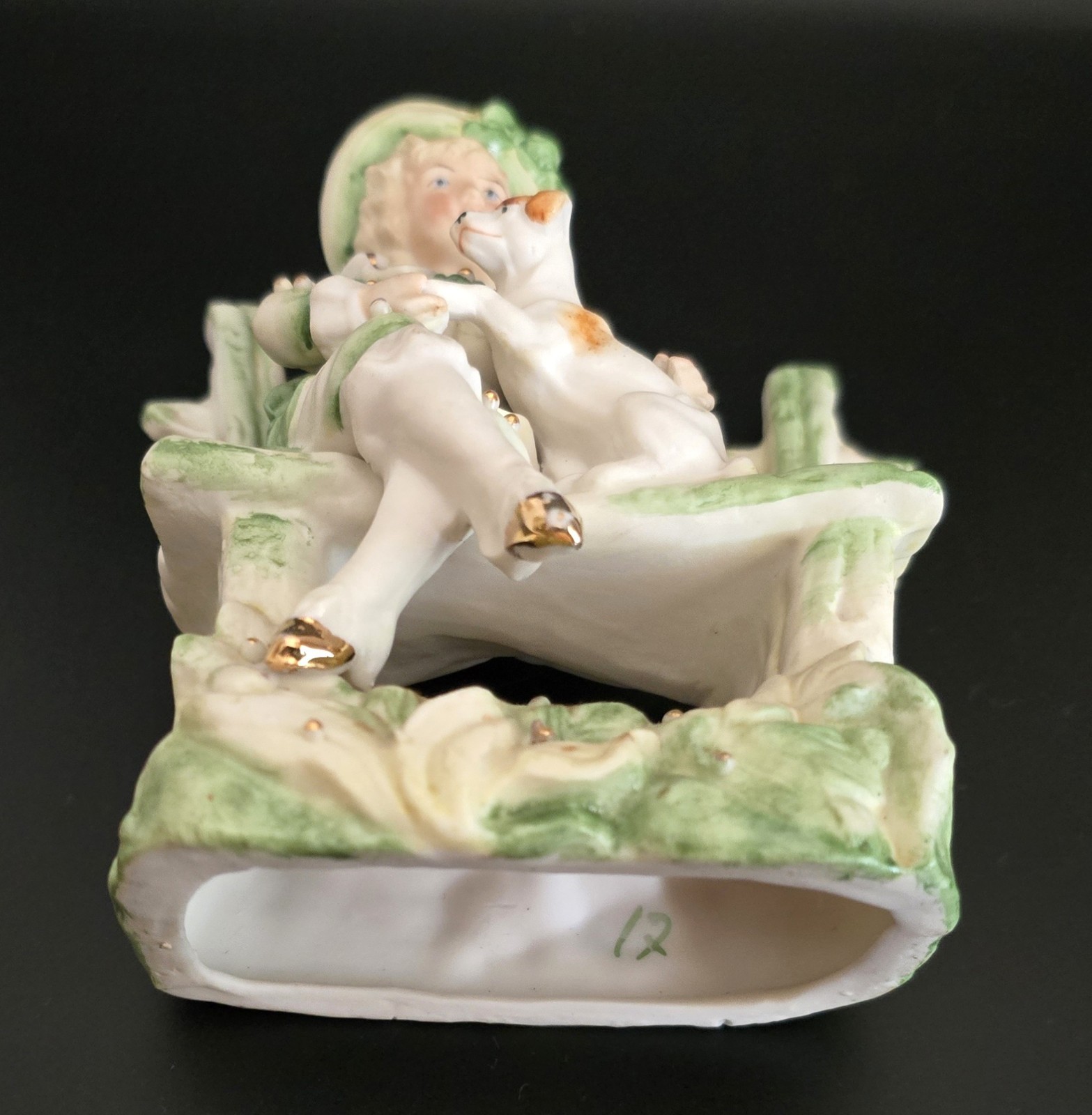 Victorian Figurine Small Child & Terrier Cross Legged on Outdoor Rustic Seat