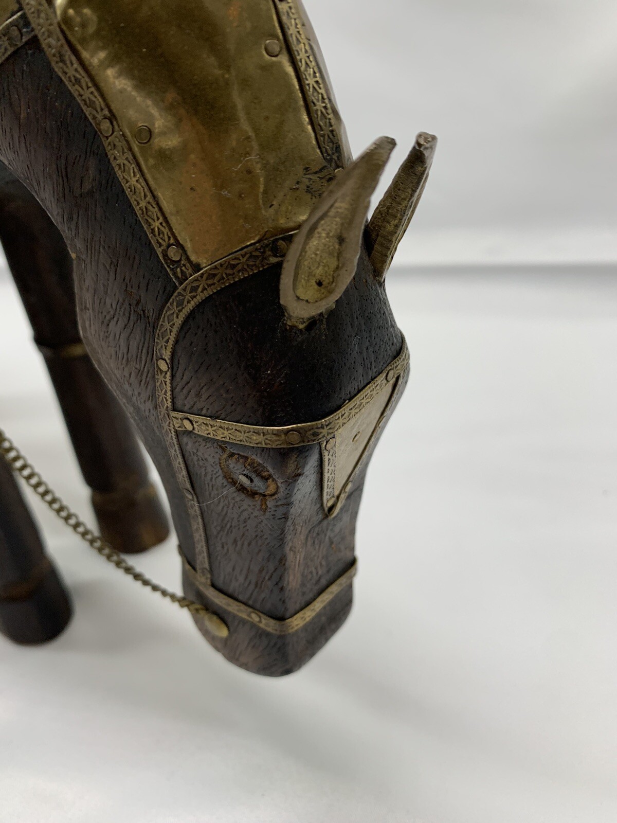 Brass Wood Armored Horse Carved Wooden And Brass. Vintage Carvings Decor