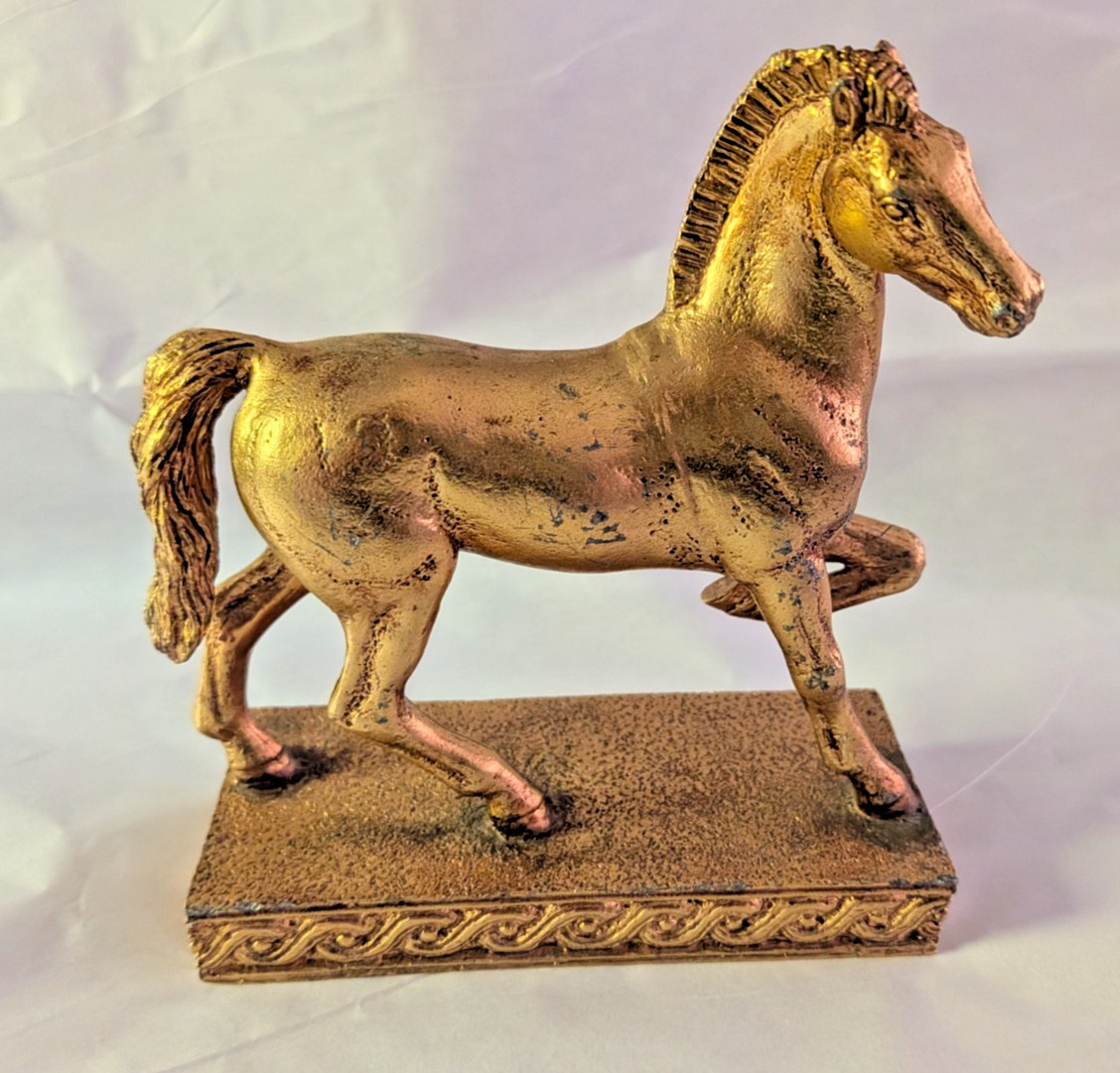 Golden Horse Figurine with a Greek-style patterned base. Weighs 1 lb. 7 oz.