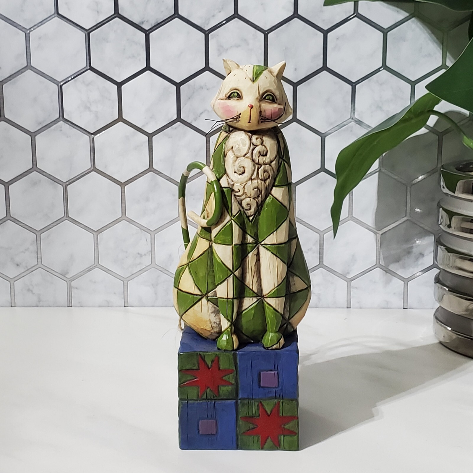Jim Shore Heartwood Creek Felicity Cat Figurine 2003 Green and White #114423