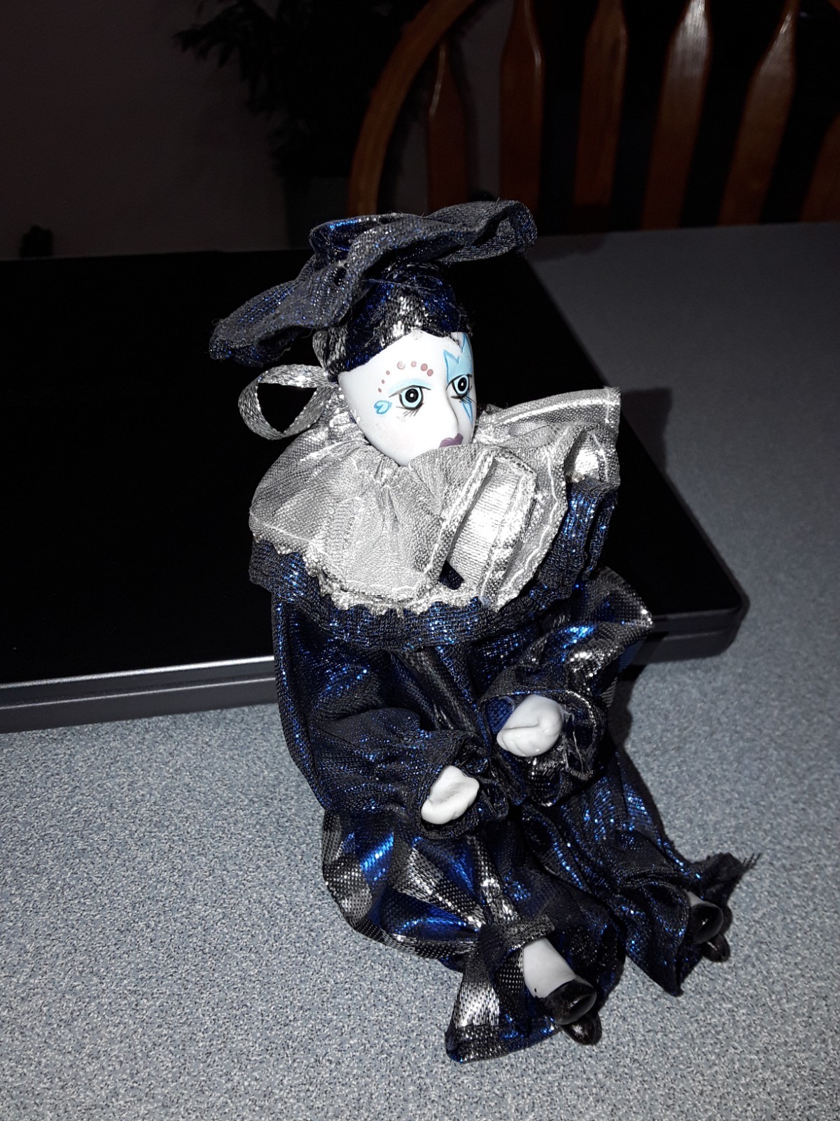 Vintage Jester -shiny blue & silver with porcelain head hands & feet – mint