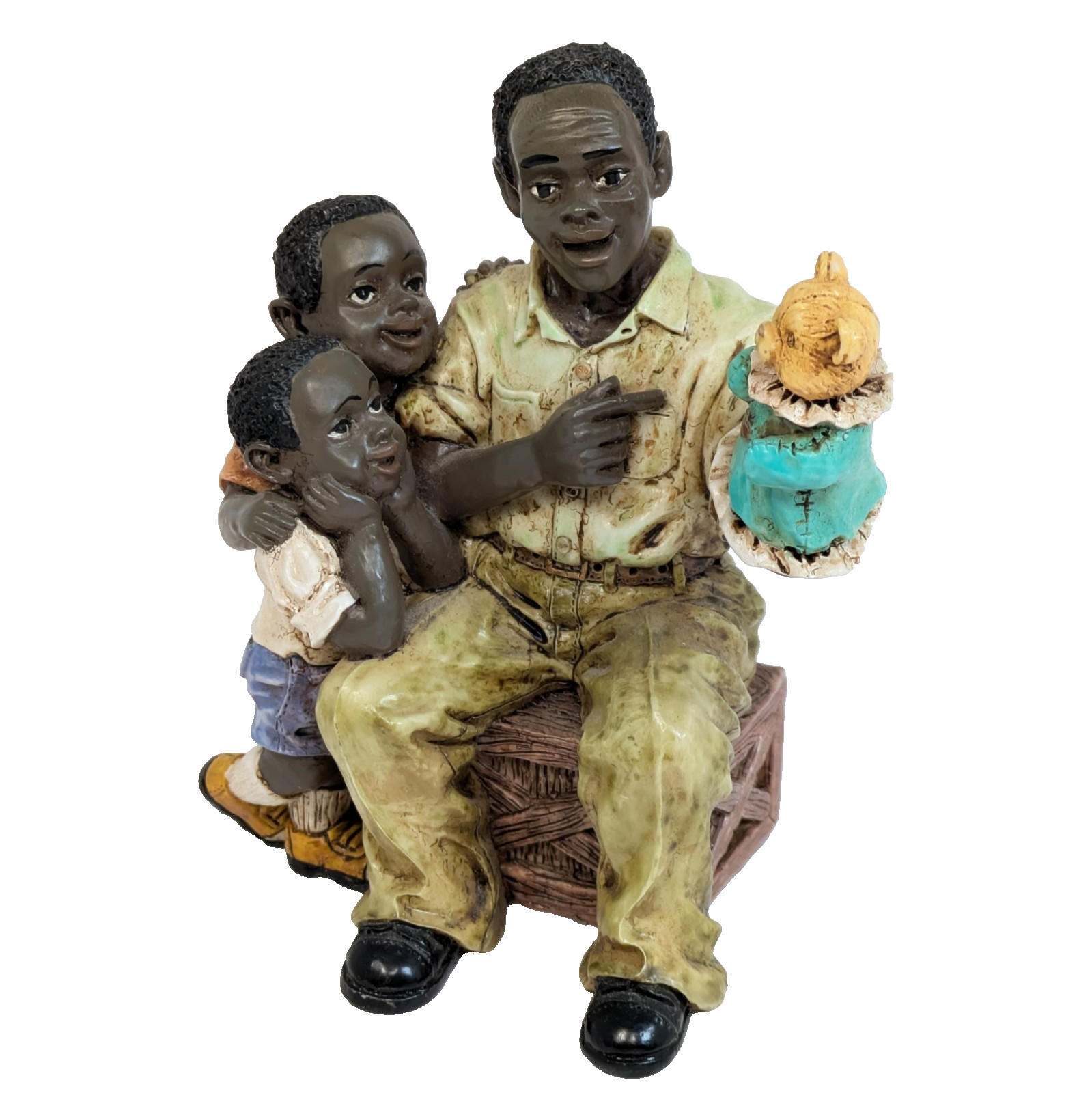 African American Family Figurine Father Playing Puppet Children 1996 W.U. Vtg