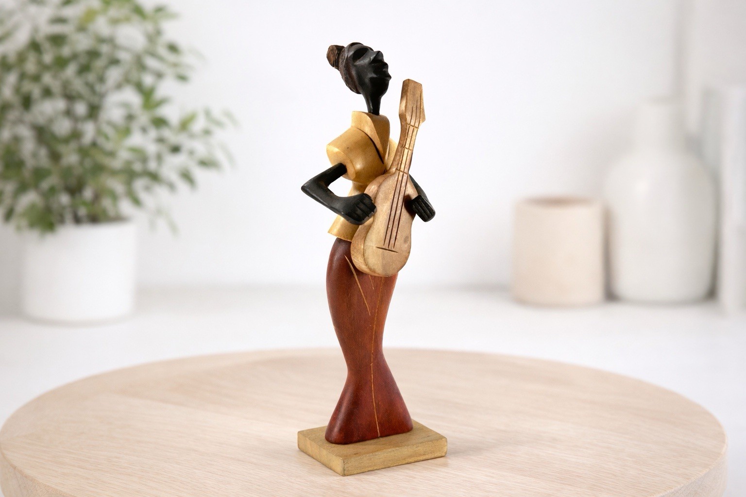 Hand Carved Wooden Woman Guitar Player Figurine 9.5” African Style Musician