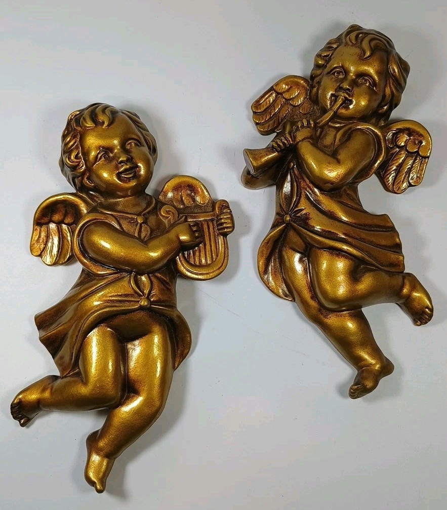 Vintage 70’s Cherub Angels Wall Hanging Decor Trumpet Harp Set Of 2 Gold Paint
