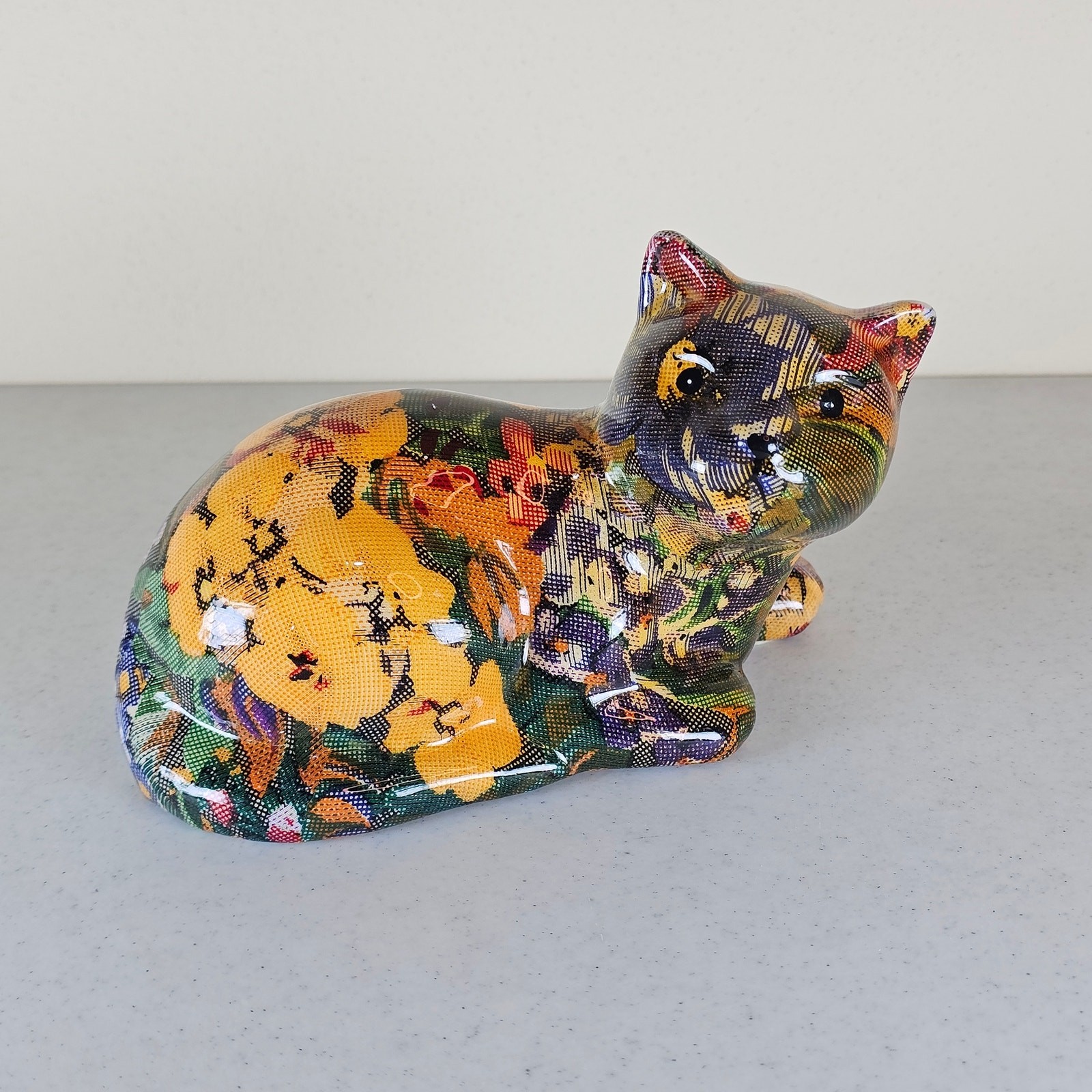 Vintage Cat Kitten Floral Decoupage Figurine Patchwork Victorian Style 4” Tall