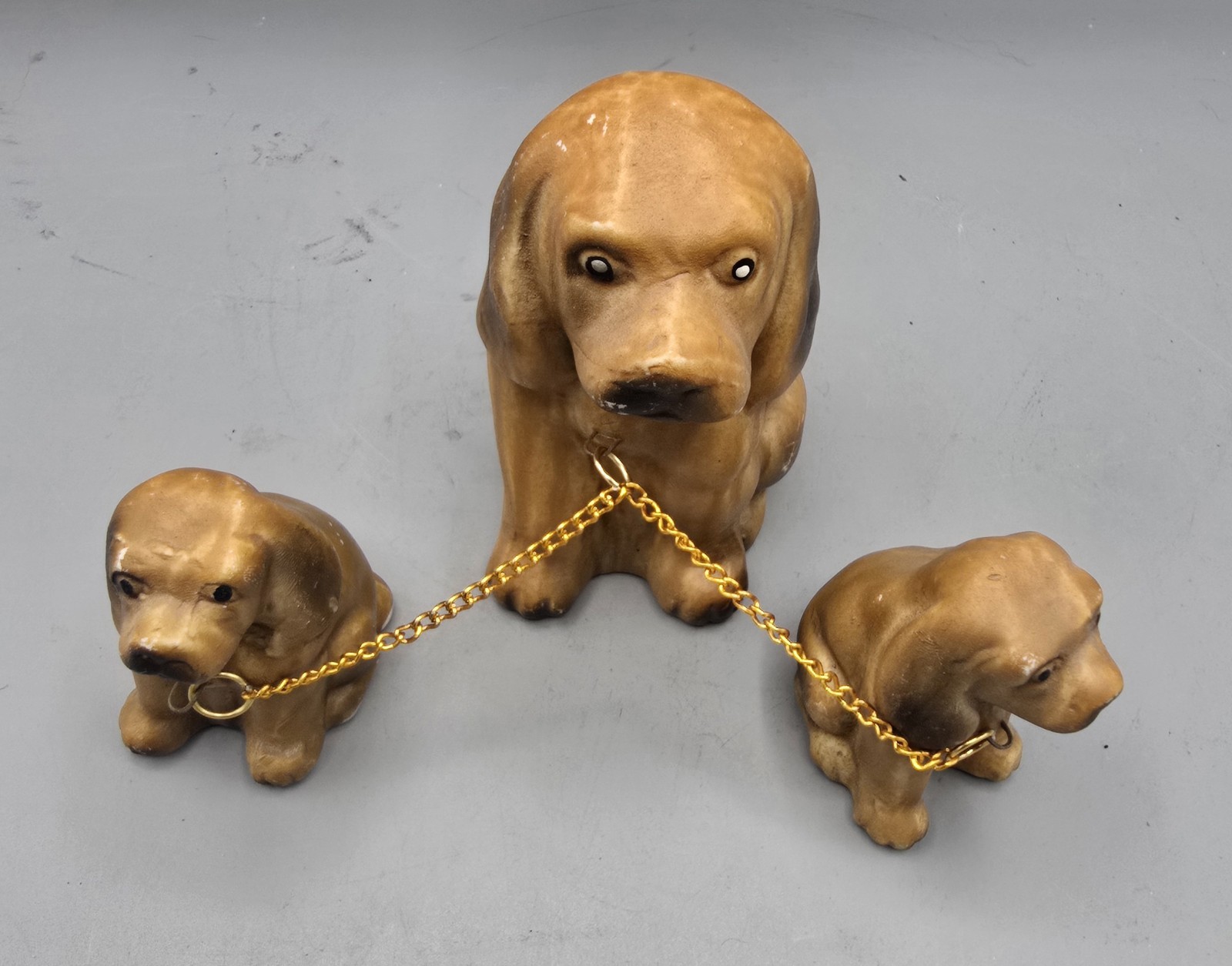 Vintage 1950s Porcelain Chained Dog, Cat, and Deer Family Figurine Sets