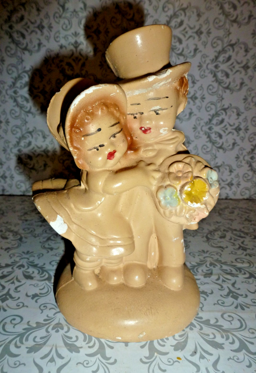 Vintage Chalkware Plaster Bride And Groom (1) ####