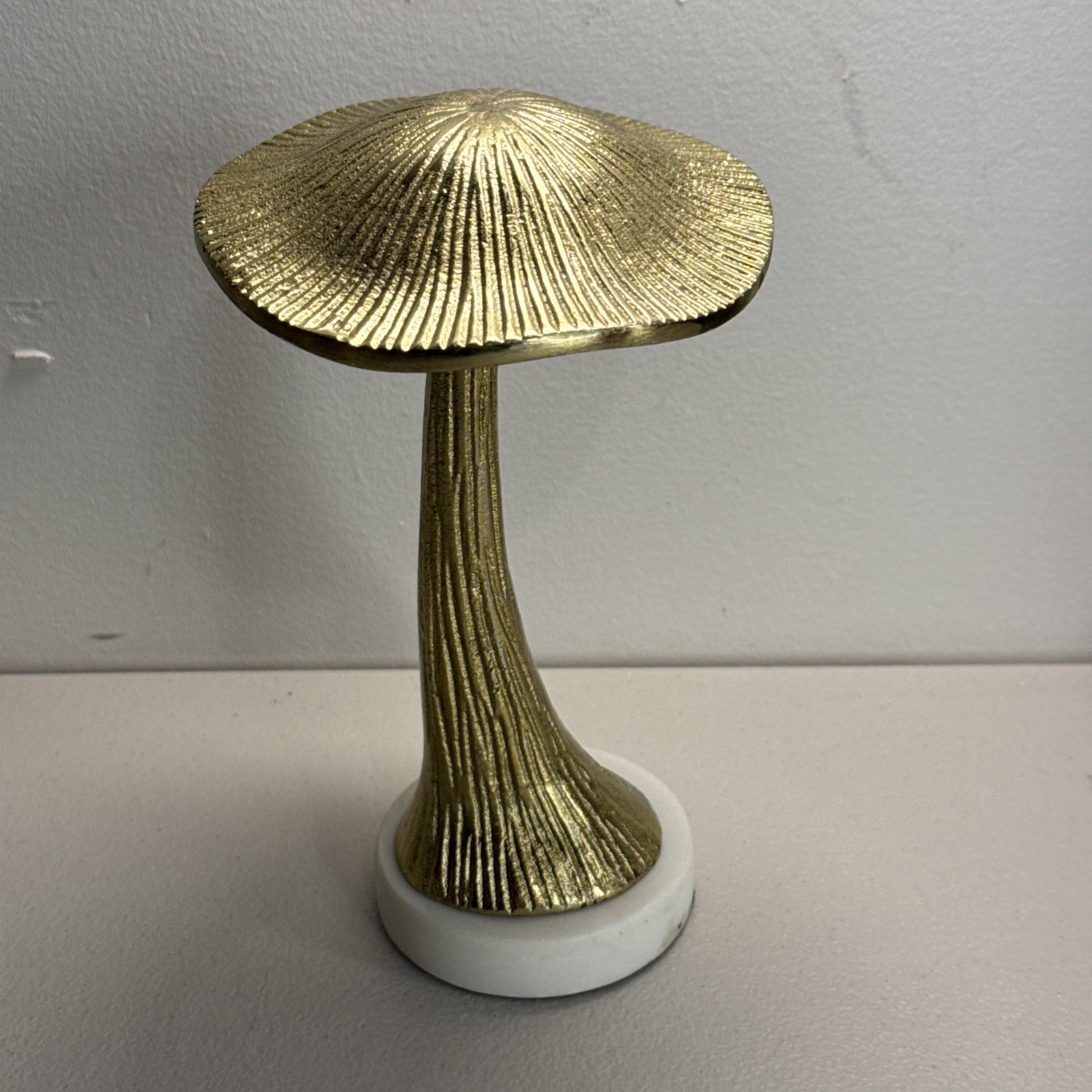 Golden Mushroom Sculpture Metal with White Marble Base ~10in tall ~5in wide