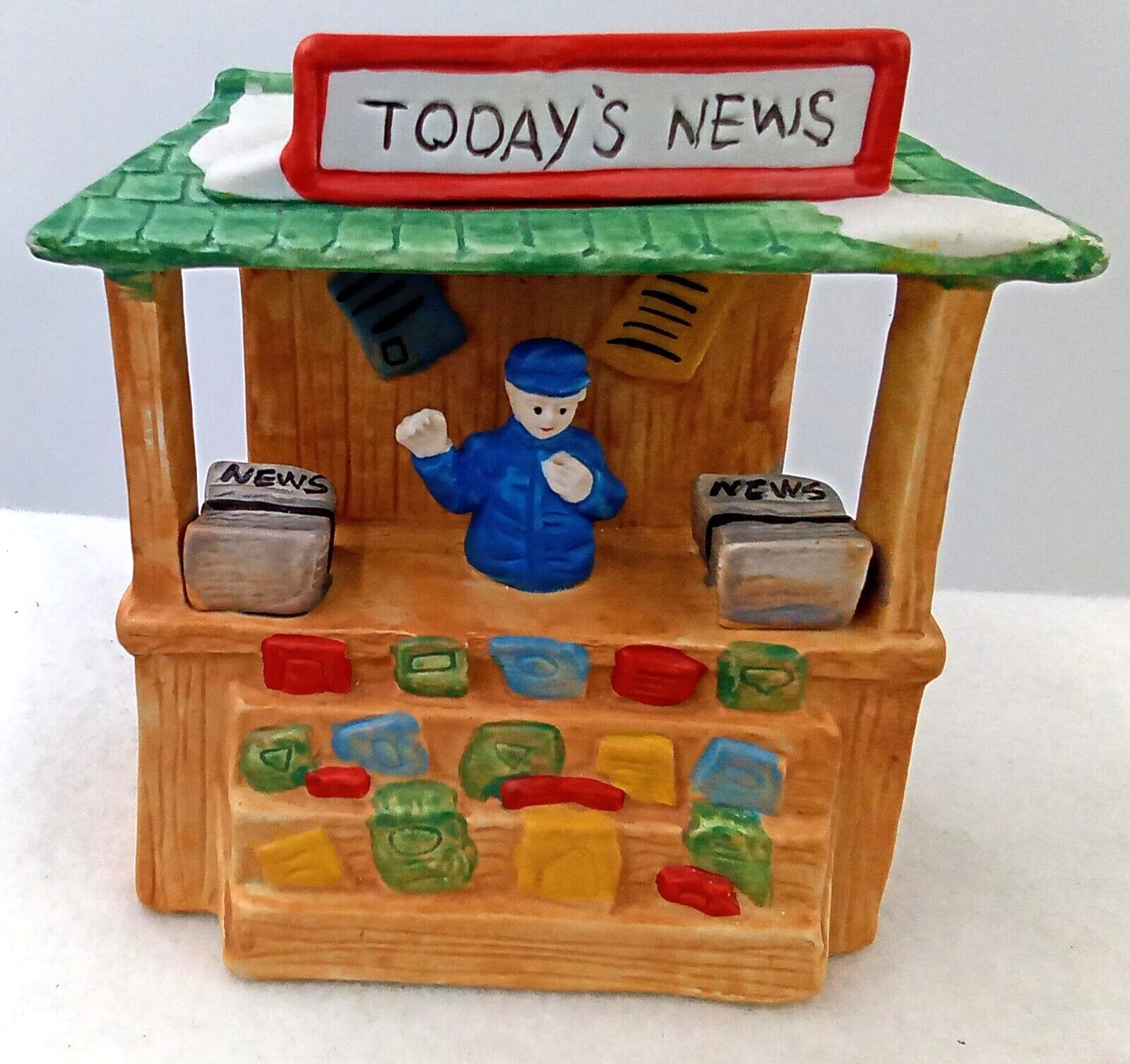 Miniature Newspaper Stand Figurine Ceramic House Vintage Brown Blue Red Green