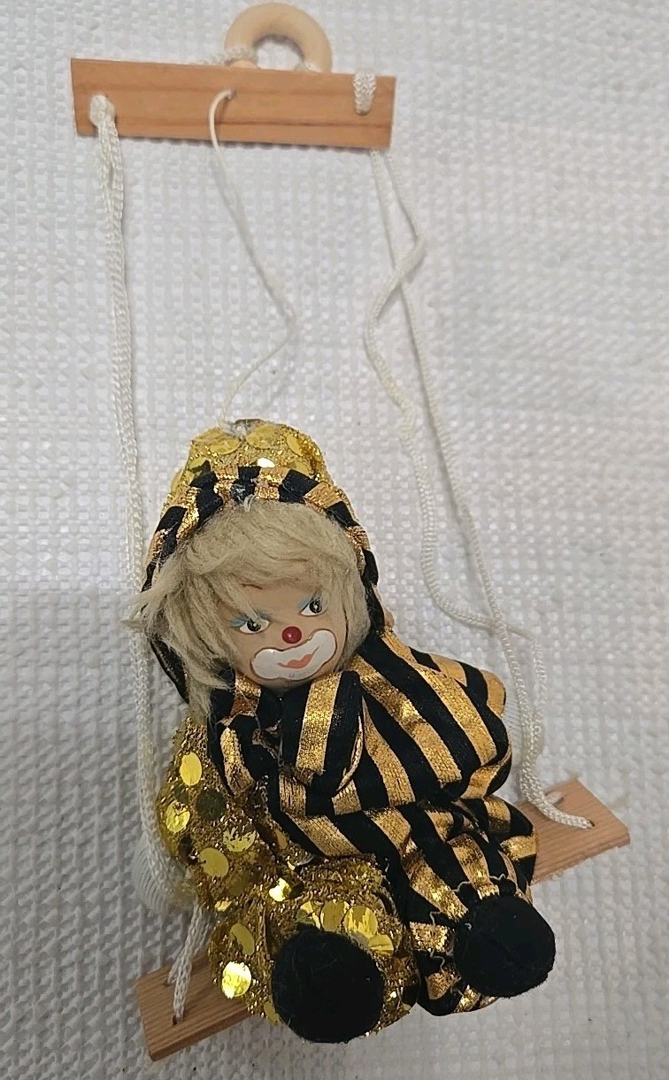 Vintage Circus Clown Doll Porcelain Head String Marionette Puppet Swing Gold