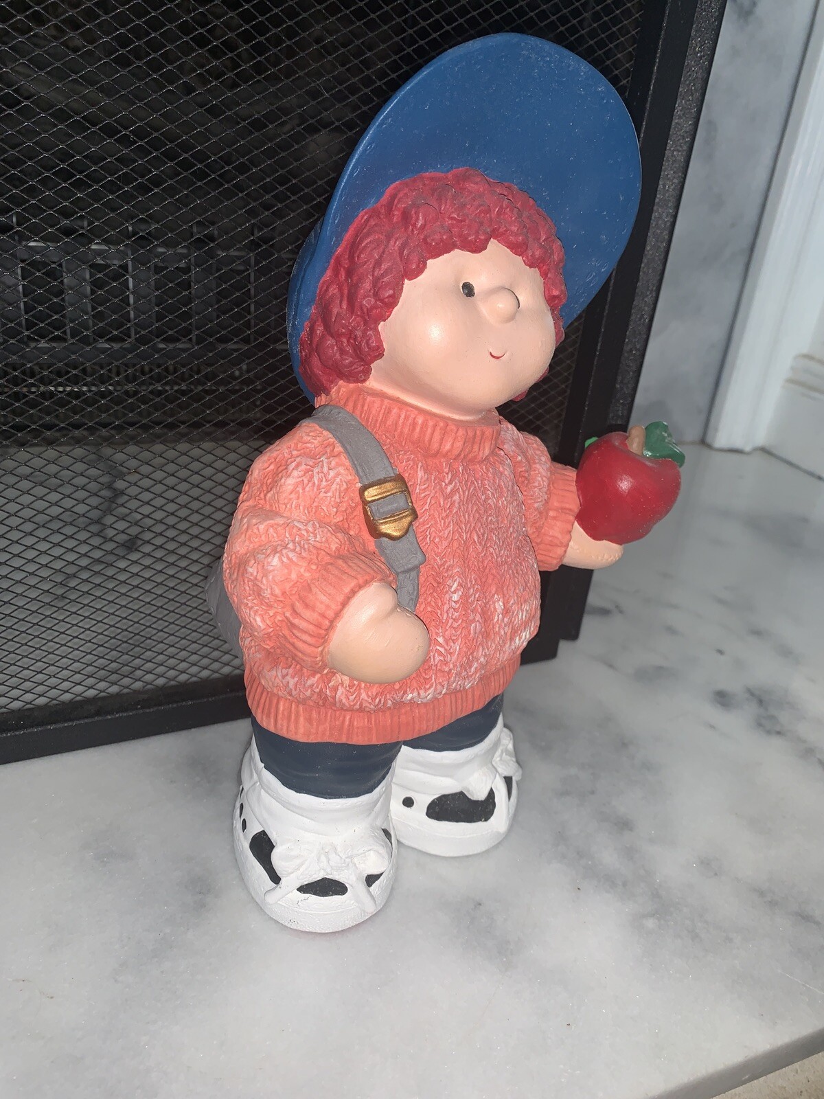 Ceramic Figurine Statue Boy Apple & Frog Backpack 11” Back To School September